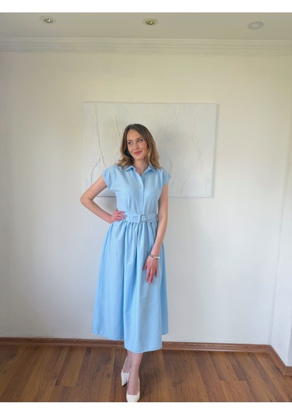 Bebe Mavisi Kısa Kol Belden Kemerli Midi Boy Elbise modelleri