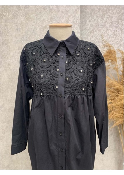 25Y170185 Gömlek Tunik Dantel Işlemeli ve Taş Detaylı - Aynaz - 25Y170185 - Siyah - Standart fiyatları
