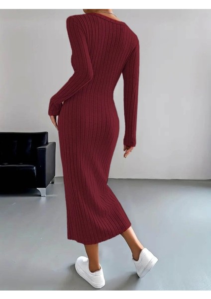 Kadın Uzun Kollu V Yakalı Önden Düğmeli Şardonlu Kaşkorse Elbise modelleri