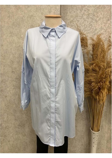 25Y170188 Gömlek Tunik Gizli Düğmeli Kolları Zımba Detay - Aynaz - 25Y170188 - Mavi - Standart