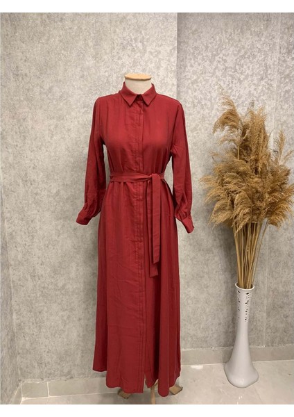 25Y6153 Elbise Gizli Düğmeli Keten Kumaş - Naqshe - 25Y6153 - Bordo - 40