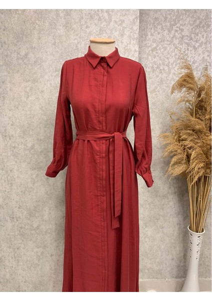 25Y6153 Elbise Gizli Düğmeli Keten Kumaş - Naqshe - 25Y6153 - Bordo - 40 fiyatları