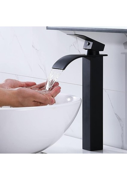 Modern Mat Siyah Kare Çanak Lavabo Bataryası Şelale Çıkış Uzun