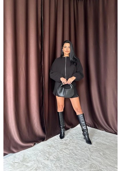 Siyah Kısa Önü Fermuarlı Bomber Ceket