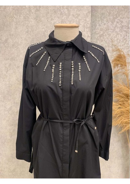 25Y170195 Gömlek Tunik Gizli Düğmeli Taşlı - Aynaz - 25Y170195 - Siyah - Standart fiyatları
