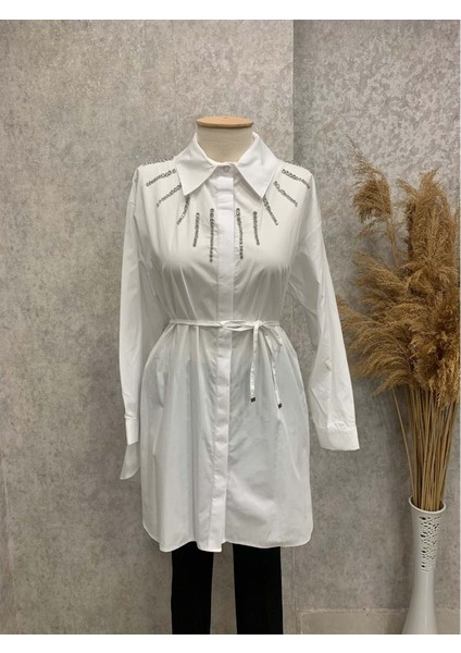 25Y170195 Gömlek Tunik Gizli Düğmeli Taşlı - Aynaz - 25Y170195 - Beyaz - Standart
