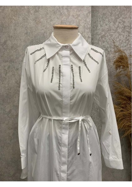 25Y170195 Gömlek Tunik Gizli Düğmeli Taşlı - Aynaz - 25Y170195 - Beyaz - Standart fiyatları