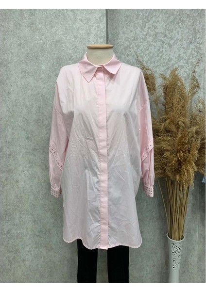 25Y170188 Gömlek Tunik Gizli Düğmeli Kolları Zımba Detay - Aynaz - 25Y170188 - Pembe - Standart