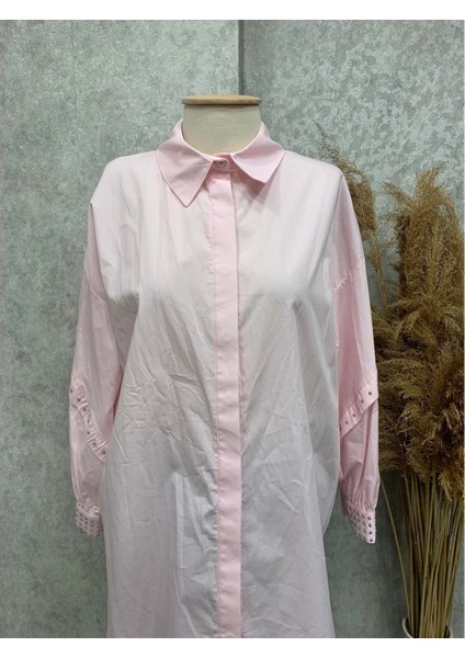 25Y170188 Gömlek Tunik Gizli Düğmeli Kolları Zımba Detay - Aynaz - 25Y170188 - Pembe - Standart fiyatları