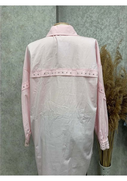 25Y170188 Gömlek Tunik Gizli Düğmeli Kolları Zımba Detay - Aynaz - 25Y170188 - Pembe - Standart modelleri