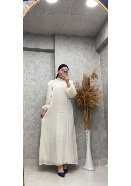 25Y4619 Abiye Elbise Janjan Kumaş Astarlı - Tane - 25Y4619 - Krem - 38