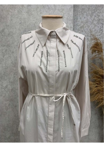 25Y170195 Gömlek Tunik Gizli Düğmeli Taşlı - Aynaz - 25Y170195 - Taş - Standart fiyatları