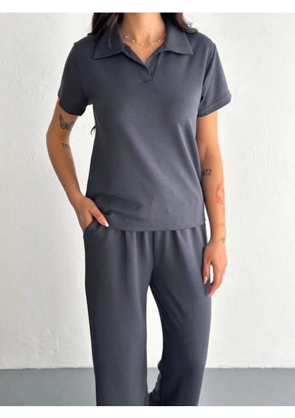Osy Modal Yumuşak Dokulu Kumaş Kısa Kollu Yakalı T-Shirt Pantalon Ikili Takım- Antrasit fiyatları