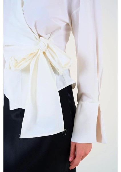 Düz Yandan Bağlamalı Gömlek - Ekru fırsatları