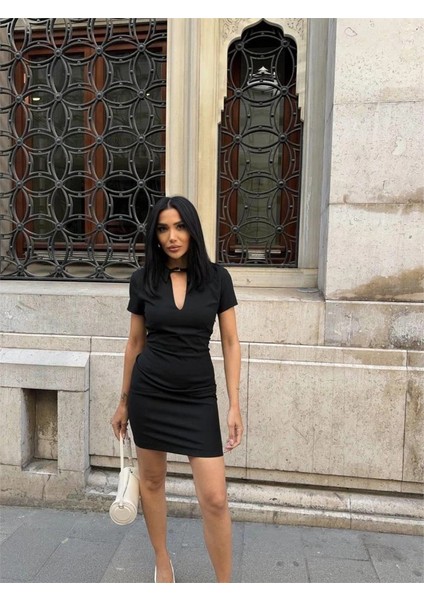 Polo Yaka Yaka Kemer Detaylı Kalem Elbise - Siyah modelleri