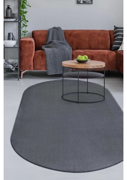 Peluş Halı Koyu Gri Cool Yıkanabilir Oval Kesme Post Yolluk Kilim Salon Halısı Modelleri