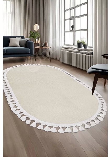 Halı Cool Krem Sahra Desenli Yıkanabilir Saçaklı Oval Yolluk Kilim Salon Halısı Modelleri