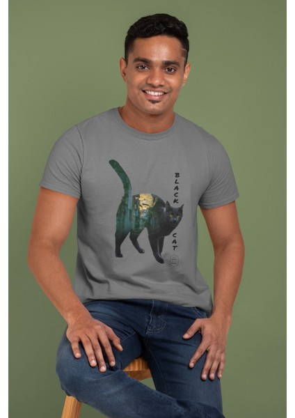 Zuno Erkek Slimfit Black Cat Baskılı T-Shirt