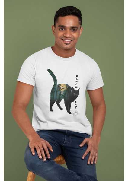 Zuno Erkek Slimfit Black Cat Baskılı T-Shirt