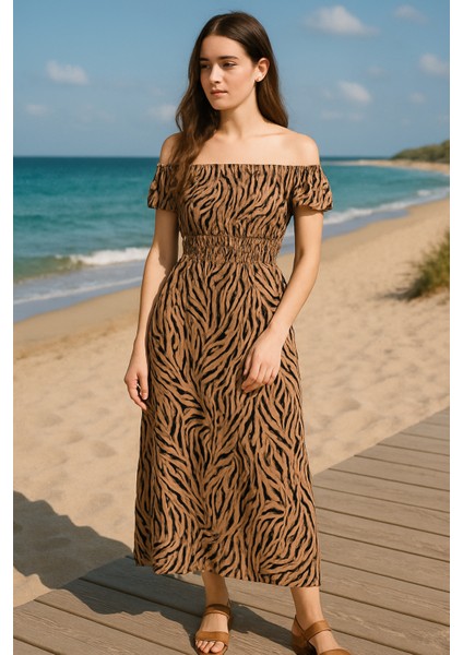 Leopar Desenli Gipeli Elbise (Açık Omuz Kullanılabilir)