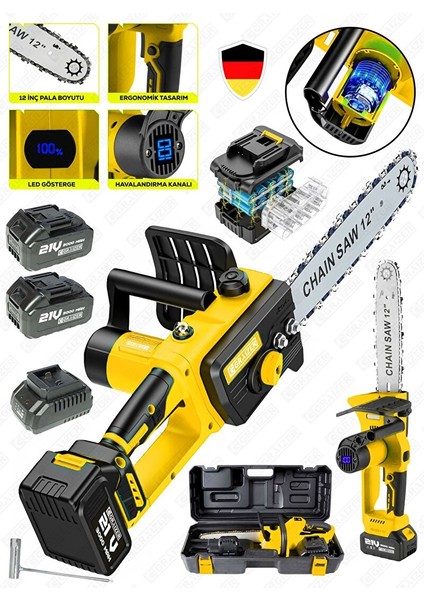 21 Vf 3000 Mah Dijital Şarj Göstergeli Karbon Motor Şarjlı Akülü Dal Kesme Budama Testere Makinesi