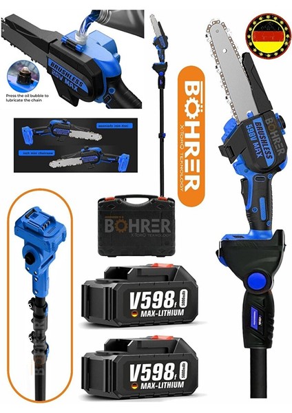 Alman Blue Kömürsüz 2m Uzatma Kollu 8 Inç 25 cm Zi̇nci̇r+Pala Profesyonel Akülü Budama Testeresi̇