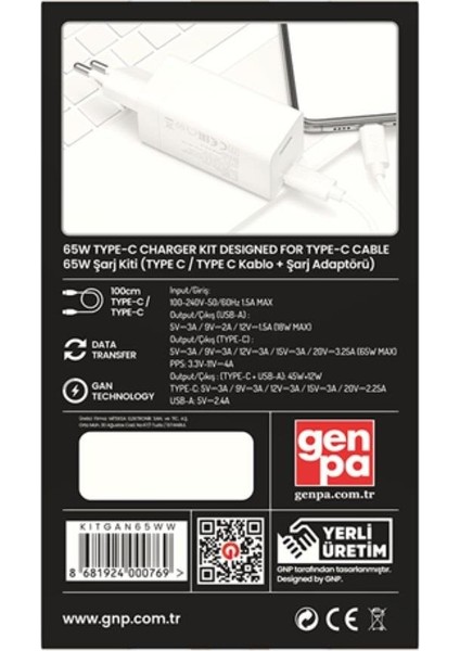 Gnp 65W Gan Type-C To Type -C Seyahat Şarj Aleti Beyaz fiyatları