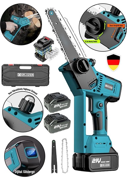 Alman 21 Vf 3000 Mah Dijital Şarj Göstergeli Şarjlı Akülü Dal Kesme Budama Testere Makinesi 10 Pilli fiyatları