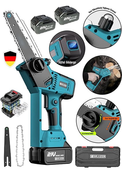 Alman 21 Vf 3000 Mah Dijital Şarj Göstergeli Şarjlı Akülü Dal Kesme Budama Testere Makinesi 10 Pilli modelleri
