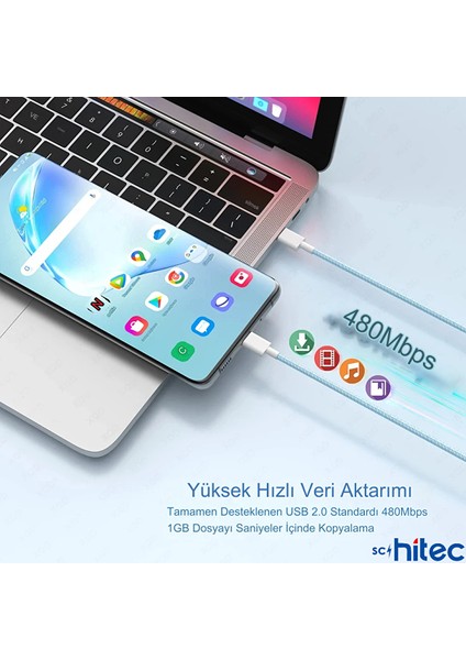 Schitec 6A 60W Apple Iphone 15 ve Üzeri Uyumlu Type-C To Type-C Örgülü Hızlı Data ve Şarj Kablosu Beyaz