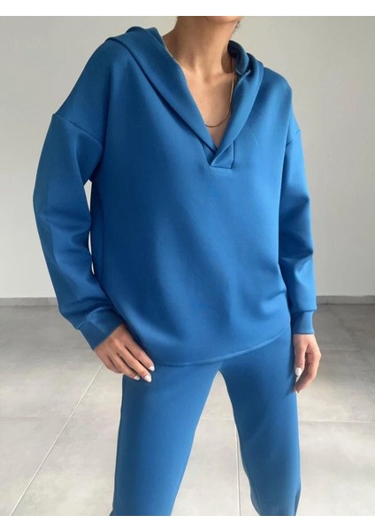 Kadın Uzun Kol V Yaka Kapüşon Detay Sweat ve Yüksel Bel Eşofman Ikili Takım indirimleri