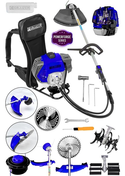 Powerforge 58 cc 11000 Rpm Sırt Tipi Benzinli Çalı Çim Biçme Tırpan Akrobat-Palet Çapa-Mavi