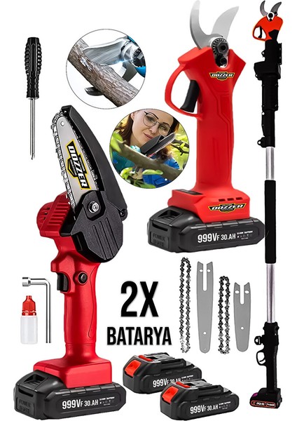 Alman 2li Set 999VF 30AH 3 Metre Teleskopik Akülü Dal Kesme Makası ve Budama Bıçkı Testere Makinesi