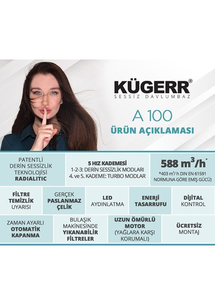 A100 60 cm Sürgülü Inox Sessiz Aspiratör