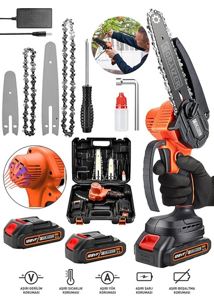 Alman 128 Vf 10 Ah Akülü Dal Kesme Budama Testere Bıçkı Makinesi + 2 Adet Zincir Hediye 15 cm