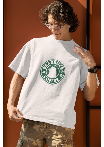 Zuno Erkek Oversize Bearbucks Coffee Baskılı Tshirt
