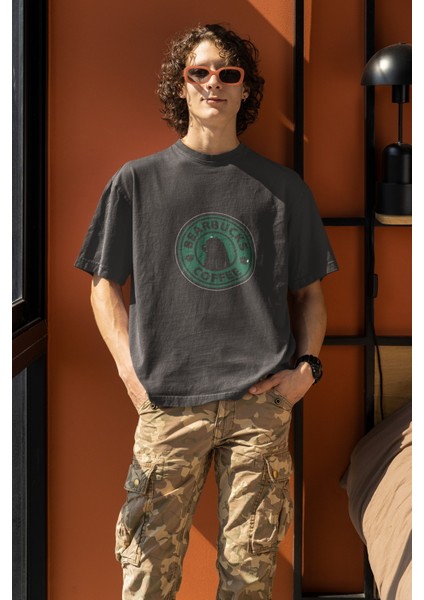 Zuno Erkek Oversize Bearbucks Coffee Baskılı Tshirt