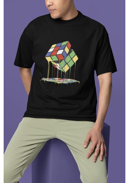 Zuno Erkek Oversize Erimiş Rubik Küp Baskılı Tshirt