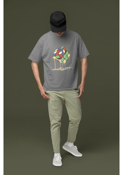 Zuno Erkek Oversize Erimiş Rubik Küp Baskılı Tshirt
