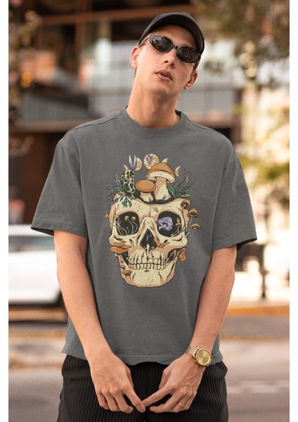 Zuno Erkek Oversize Skull Mushroom Baskılı Tshirt