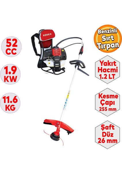 RDX9636 Benzinli Sırt Tırpan Testere 52 Cc/1,9 Kw