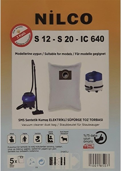 Nilco S12 - S20 - Ic 640 Uyumlu Bez Toz Torbası 5 Adet