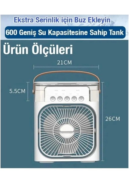 Taşınabilir Işıklı 5 Spreyli Mini Vantilatör Buzlu Buhar Nemlendirici Gri modelleri