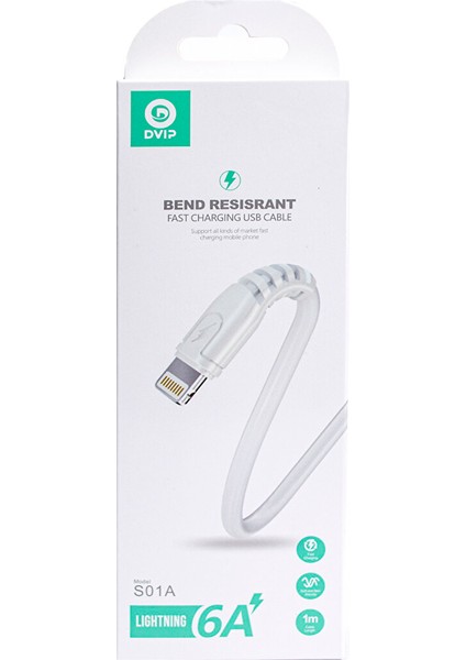 S01A 6A 67W Fast Charging Usba To Lightning Data ve Hızlı Şarj Kablosu 1m Beyaz