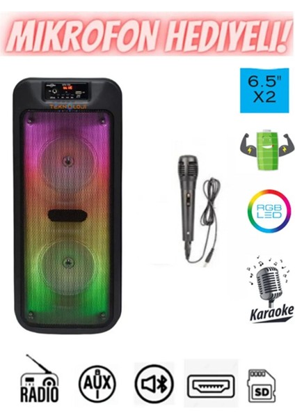 Karaoke Kablosuz Hoparlör 6.5"x2 Büyük Boy Bluetooth Speaker Mikrofon Işıklı Parti Fmradyo Aux USB