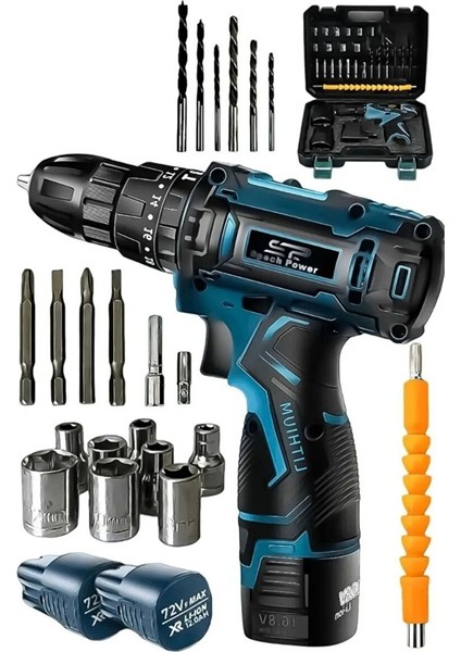 Usa 58VOLT 12 Ah 27 Pcs Setkorumalı Çelik Şanzuman 2 Akülü Vidalama Şarjlı Matkap