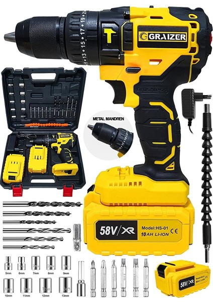 Alman 58 V 10 Ah 13 mm Çelik Mandren Darbeli Çift Akülü Vidalama Çelik Şanzuman Şarjlı Matkap