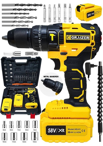 Alman 58 V 10 Ah 13 mm Çelik Mandren Darbeli Çift Akülü Vidalama Çelik Şanzuman Şarjlı Matkap fiyatları