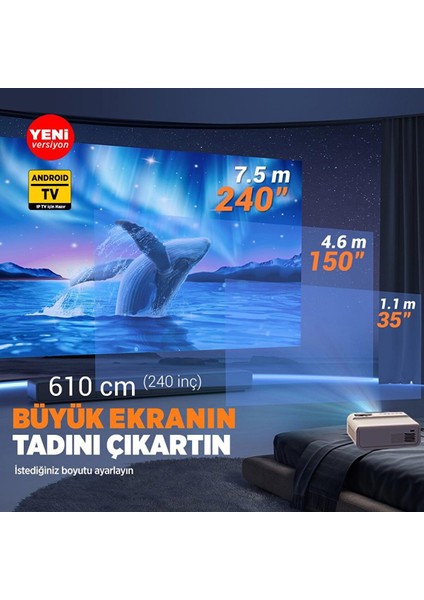 Vankyo Sunspark 500W Android Tv 1080P Destekli Projeksiyon Cihazı 5g Wi-Fi + 5.1 Bluetooth - LCD LED - 240 Inç Yansıtma-Dahili Ho modelleri