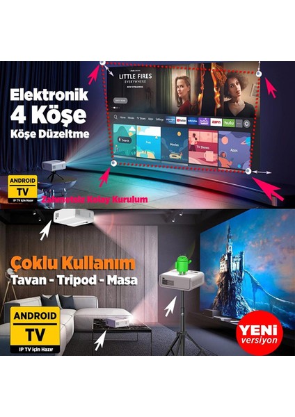 Vankyo Sunspark 500W Android Tv 1080P Destekli Projeksiyon Cihazı 5g Wi-Fi + 5.1 Bluetooth - LCD LED - 240 Inç Yansıtma-Dahili Ho